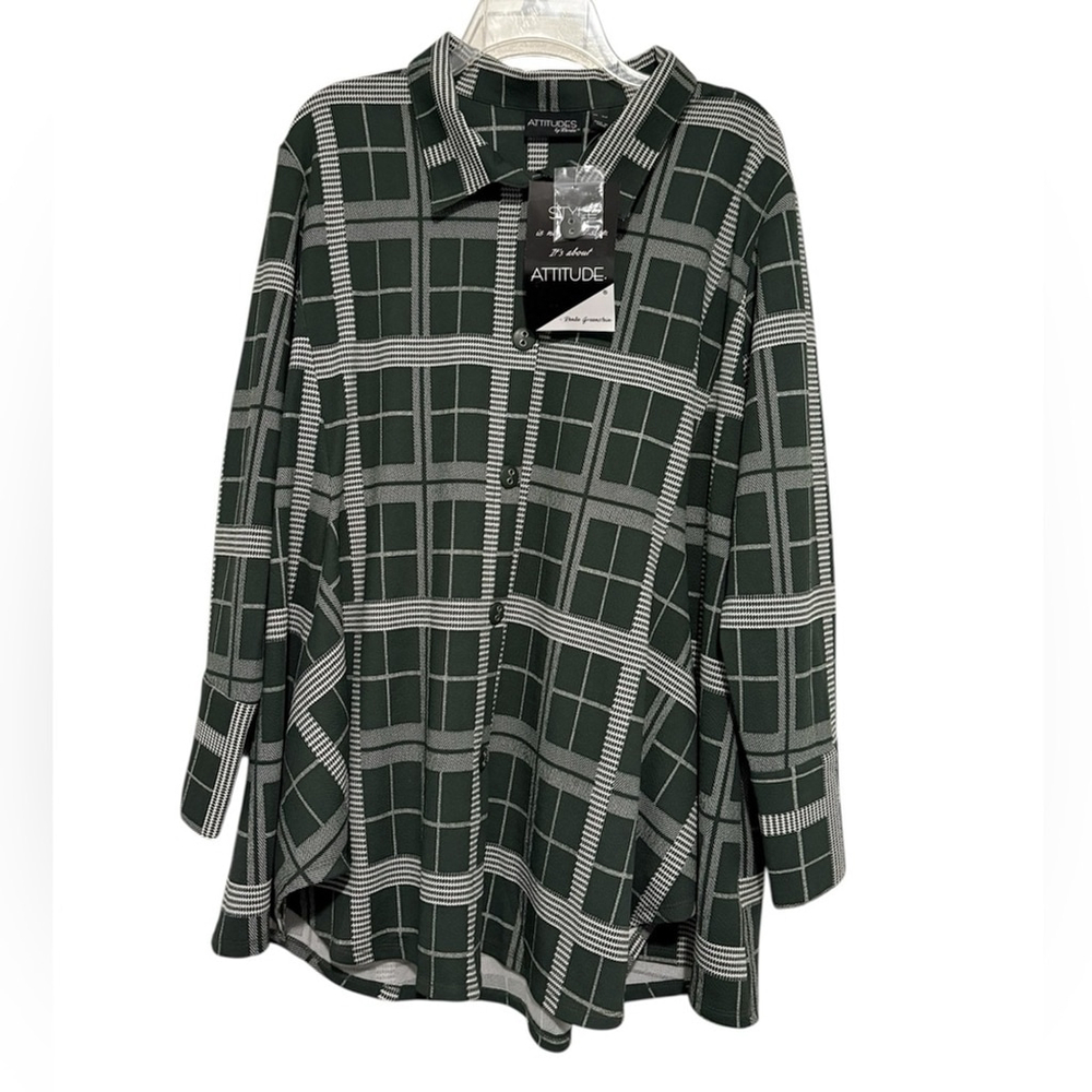Attitudes By Renee Green Plaid Button-Up Shirt With Pockets NWT
